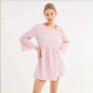 Urban Outfitters Gingham Baby Doll Mini Dress Pink Riffles Coastal Cowgirl Sz XS